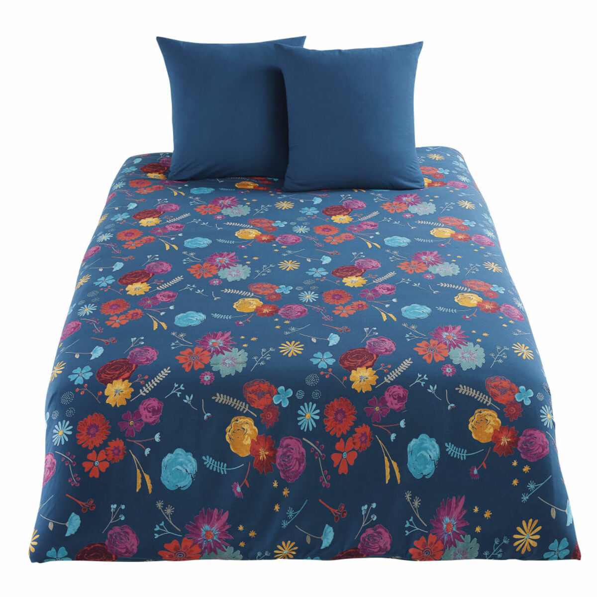 Juego de cama de algodón azul petróleo con motivos florales multicolores 240x260