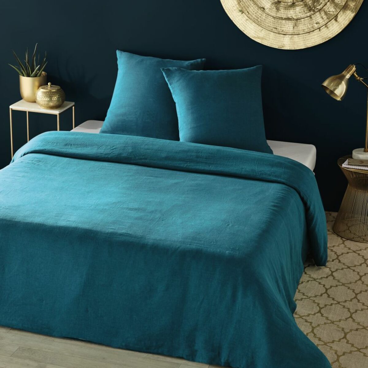 Juego de cama de lino lavado azul pavo real 240x260