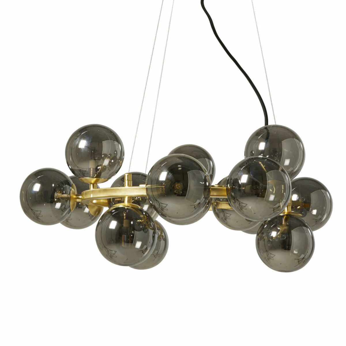 Lámpara de techo con 15 bolas de cristal tintado negro y metal dorado