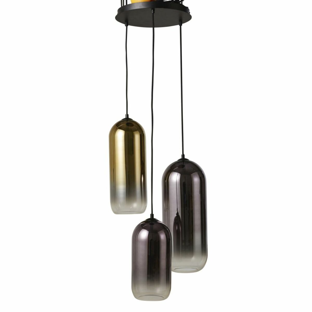 Lámpara de techo triple de cristal tintado irisado negro y dorado