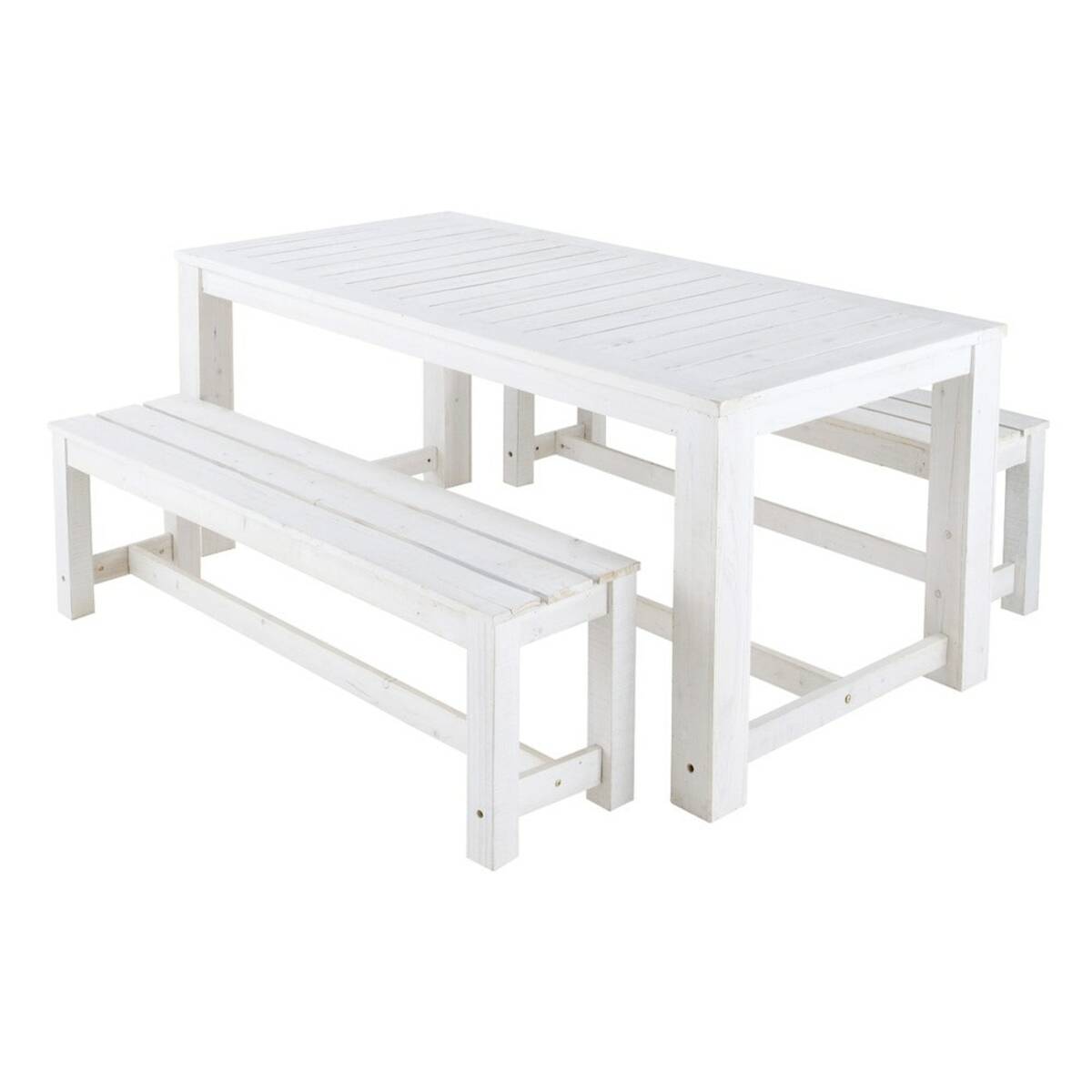 Mesa + 2 bancos de jardín de madera blanca L. 180 cm