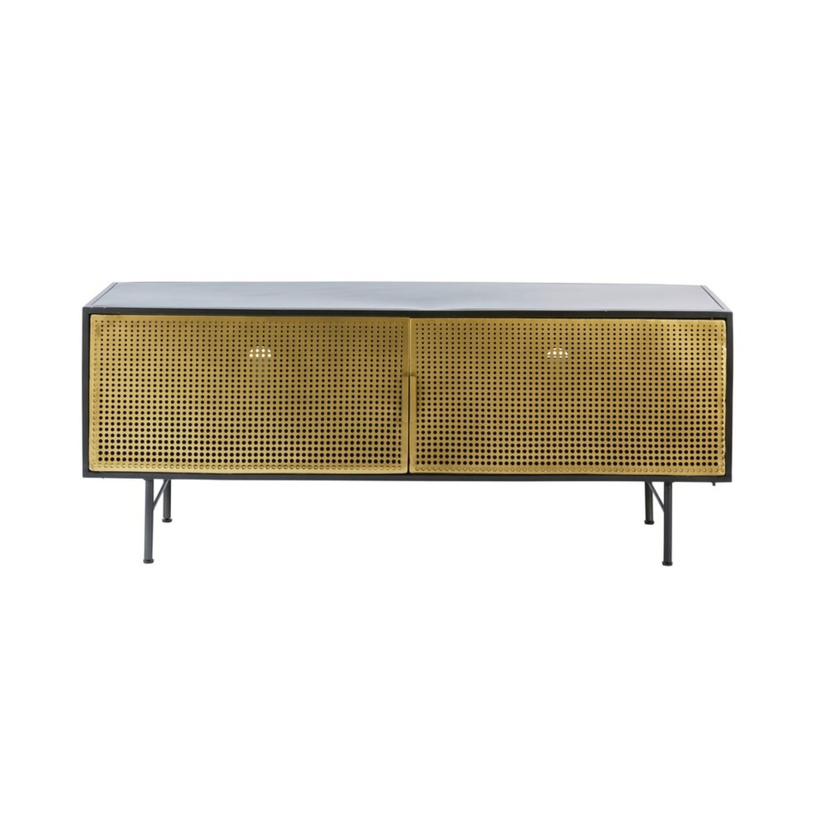 Mueble de TV con 2 puertas de metal negro y dorado