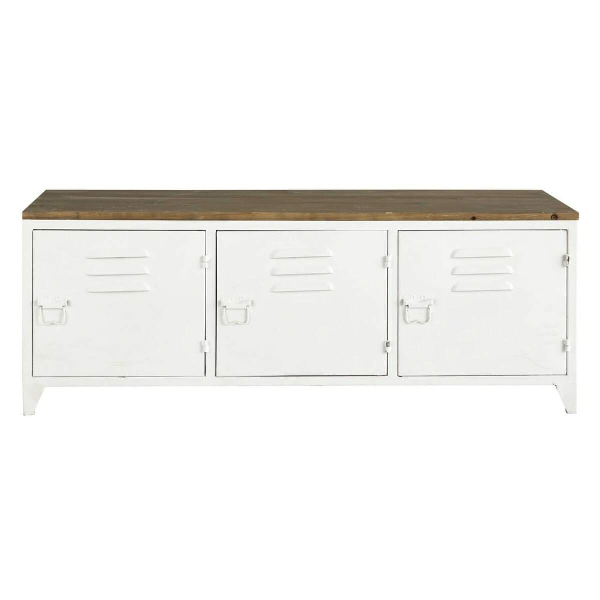 Mueble de TV industrial de metal blanco y abeto