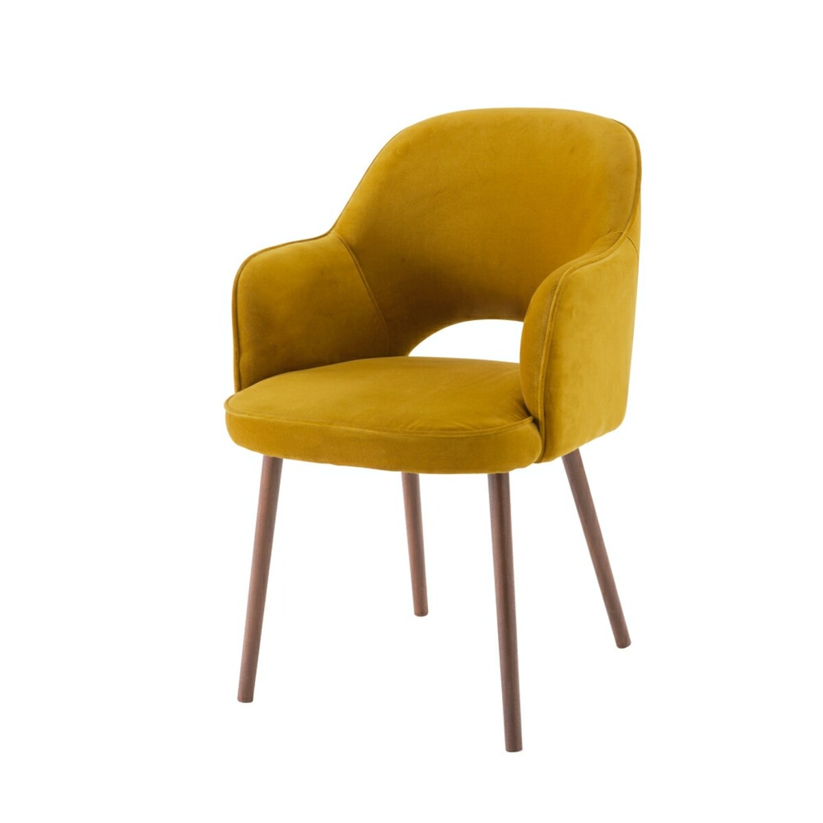 Silla de terciopelo amarillo mostaza con reposabrazos