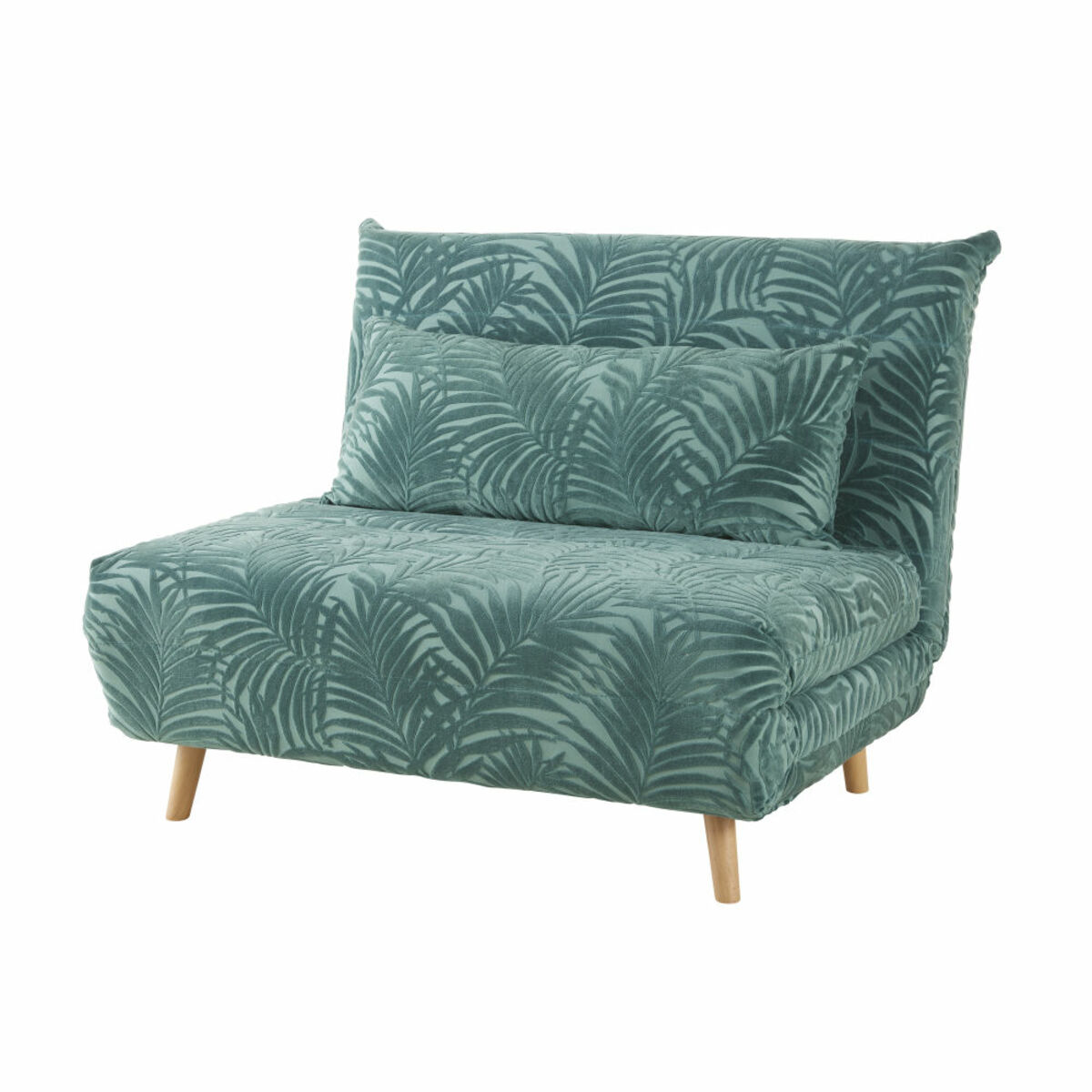 Sillón cama de 1 plaza de terciopelo verde con motivos decorativos de palmeras