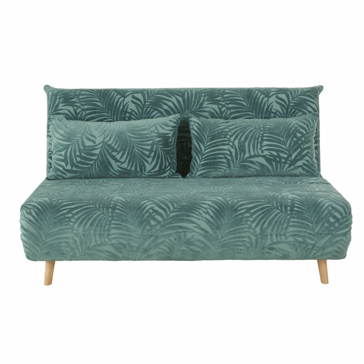 Sillón cama de 2 plazas de terciopelo verde con motivos decorativos de palmeras