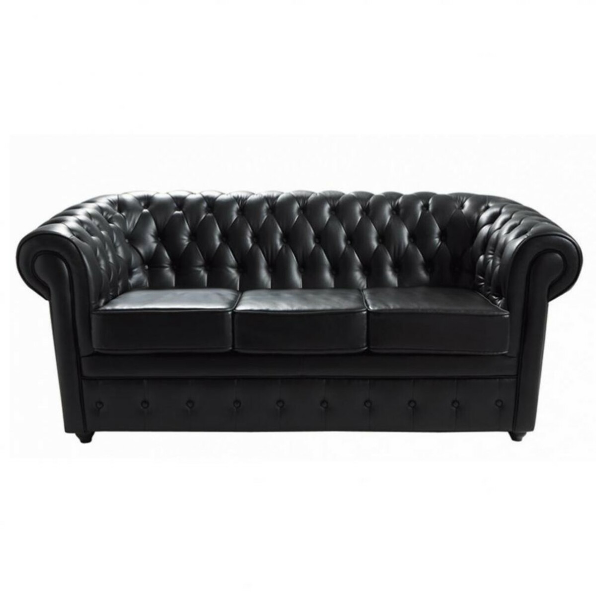 Sofá capitoné de 3 plazas de cuero negro Chesterfield